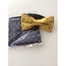 Set vlinderstrik pochet donkerblauw geel rood wit ''Hondjes''